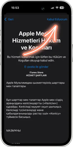 Apple şartlarını kabul etme ekranı