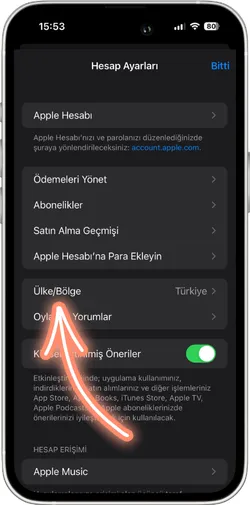 App Store ülke ve bölge değiştirme menüsü